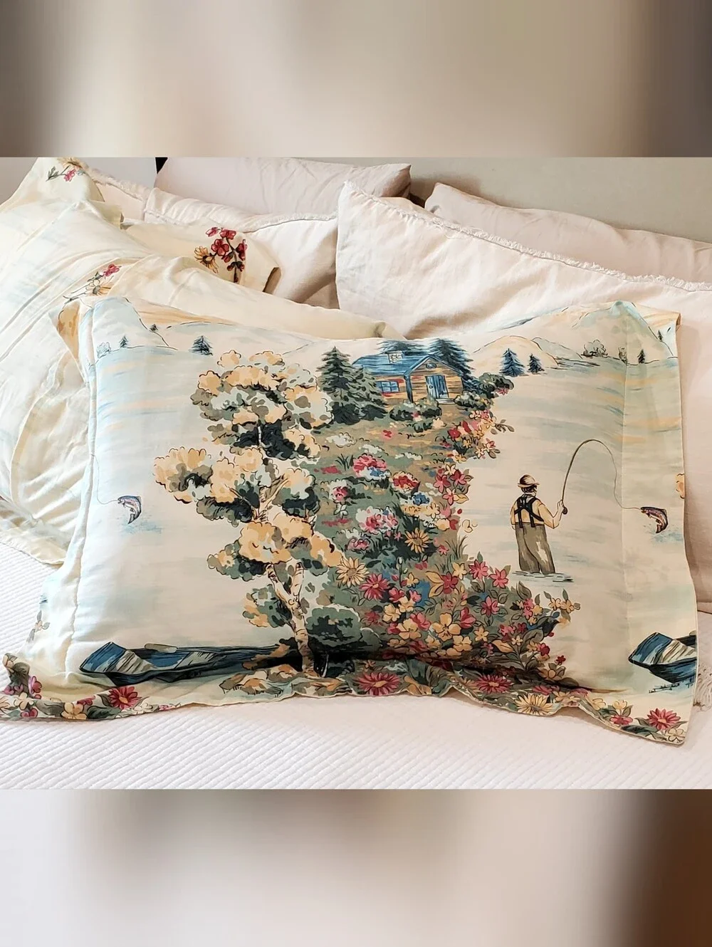 3 Vintage Pillow Shams Fisherman/Cabin/Mountains Creamy Ivory/Blues EUC